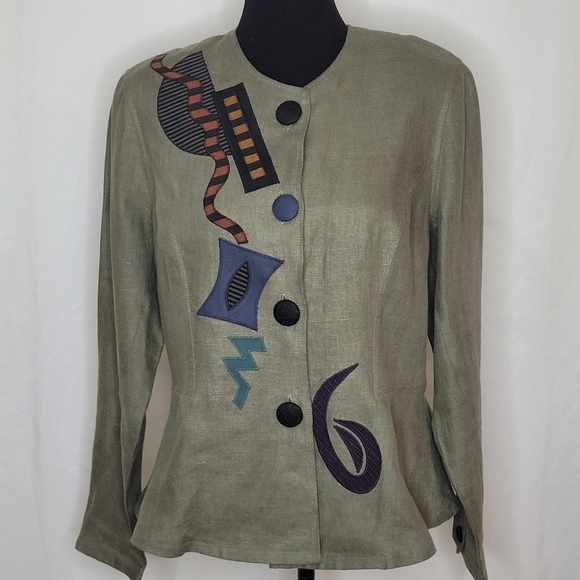 Beppa Linen Art-To-Wear Abstract Collarless Button Front Top  / Blazer - Size M - Picture 1 of 11